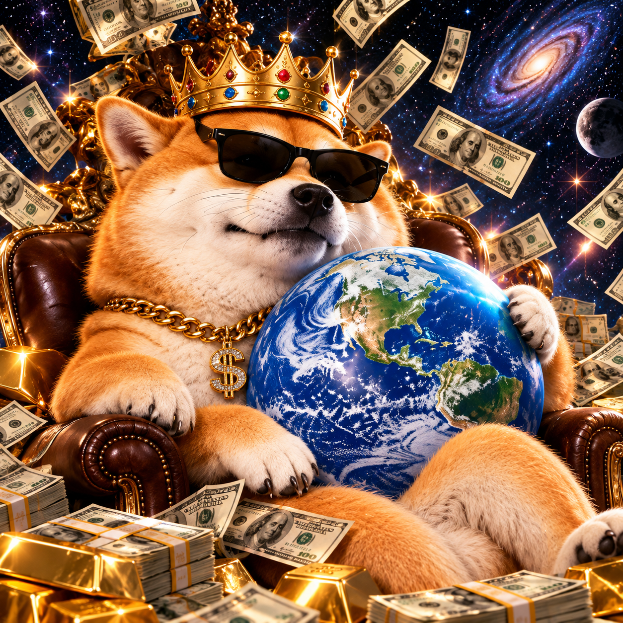 World's Inu wearing a crown on a throne