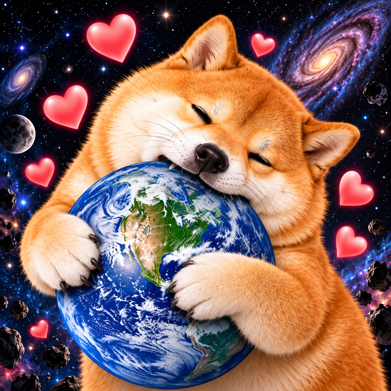 World's Inu cuddling the planet with hearts